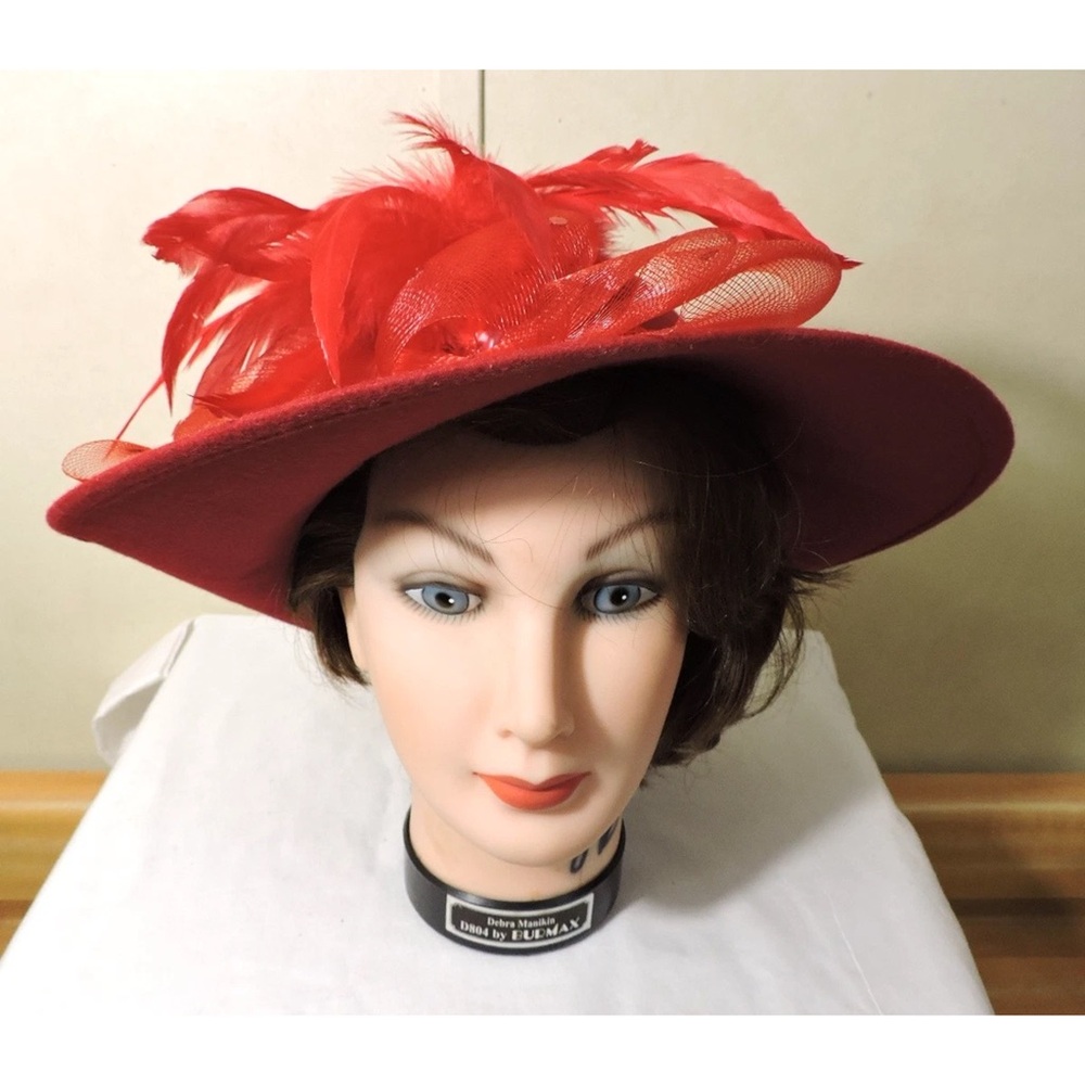 Lily Lee Red Feathered Wide-Brim Dress Hat